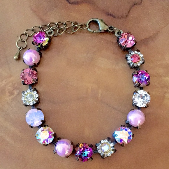 Heliotrope Pink+ Rose Aurora Borealis Antique Brass Crystal Tennis Bracelet